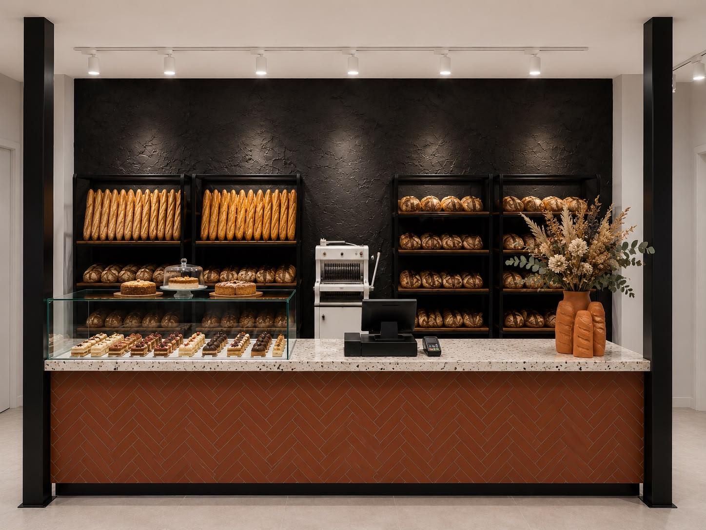 De toonbank van Pain du Mie met vers brood en gebak